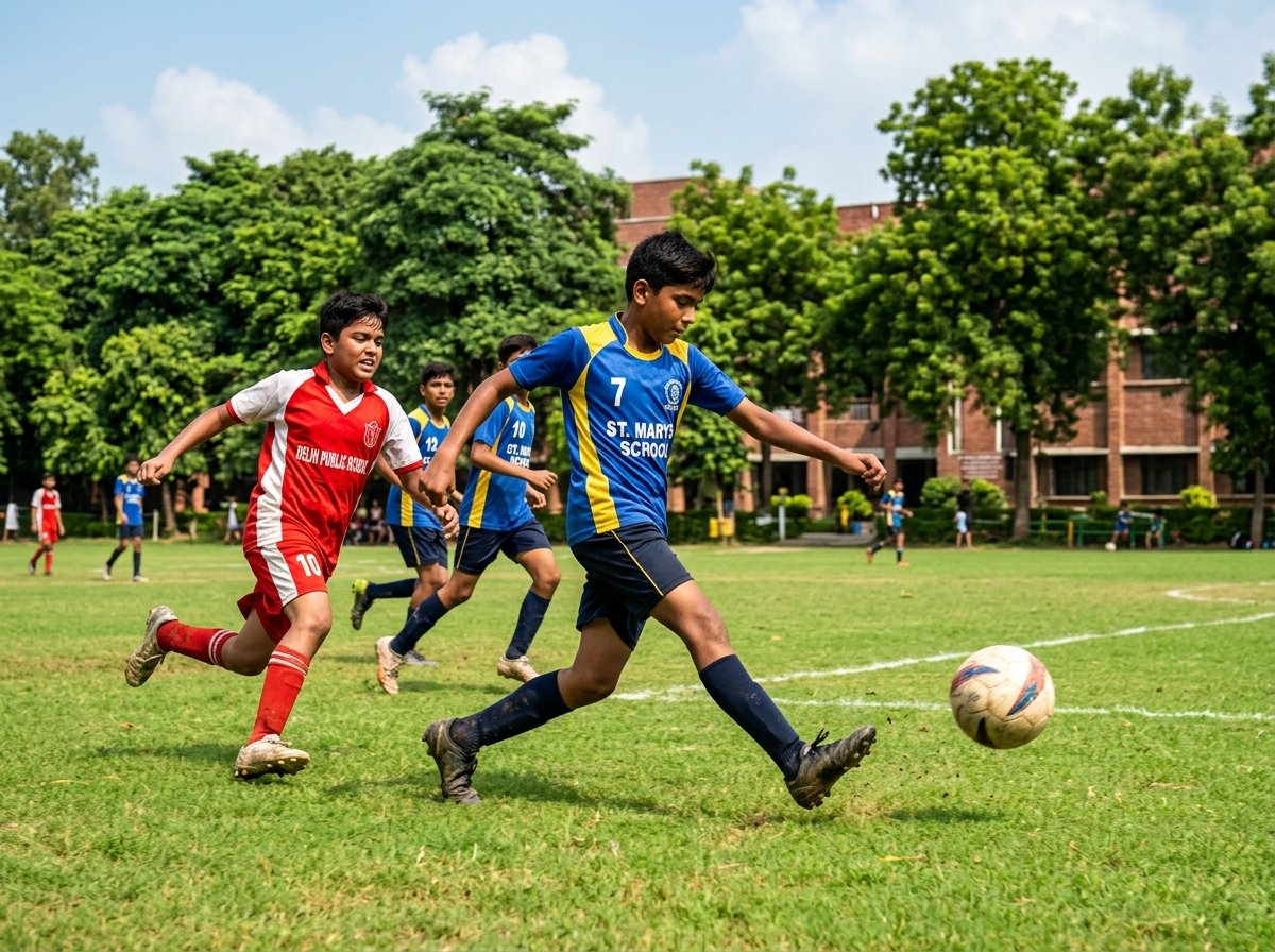 Students playing football tournament on field