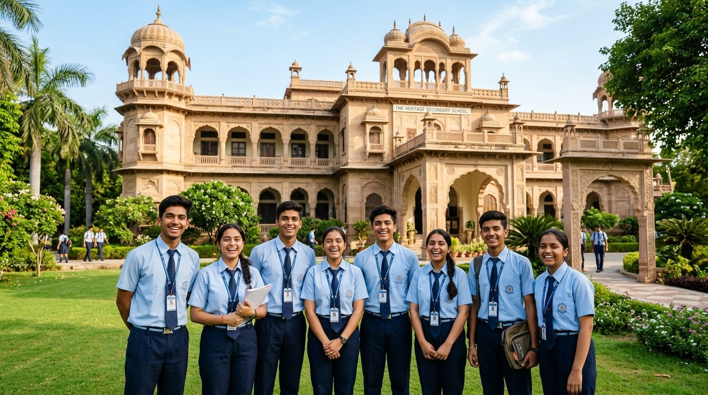 Smiling Nav Chetna Secondary School students in front of campus